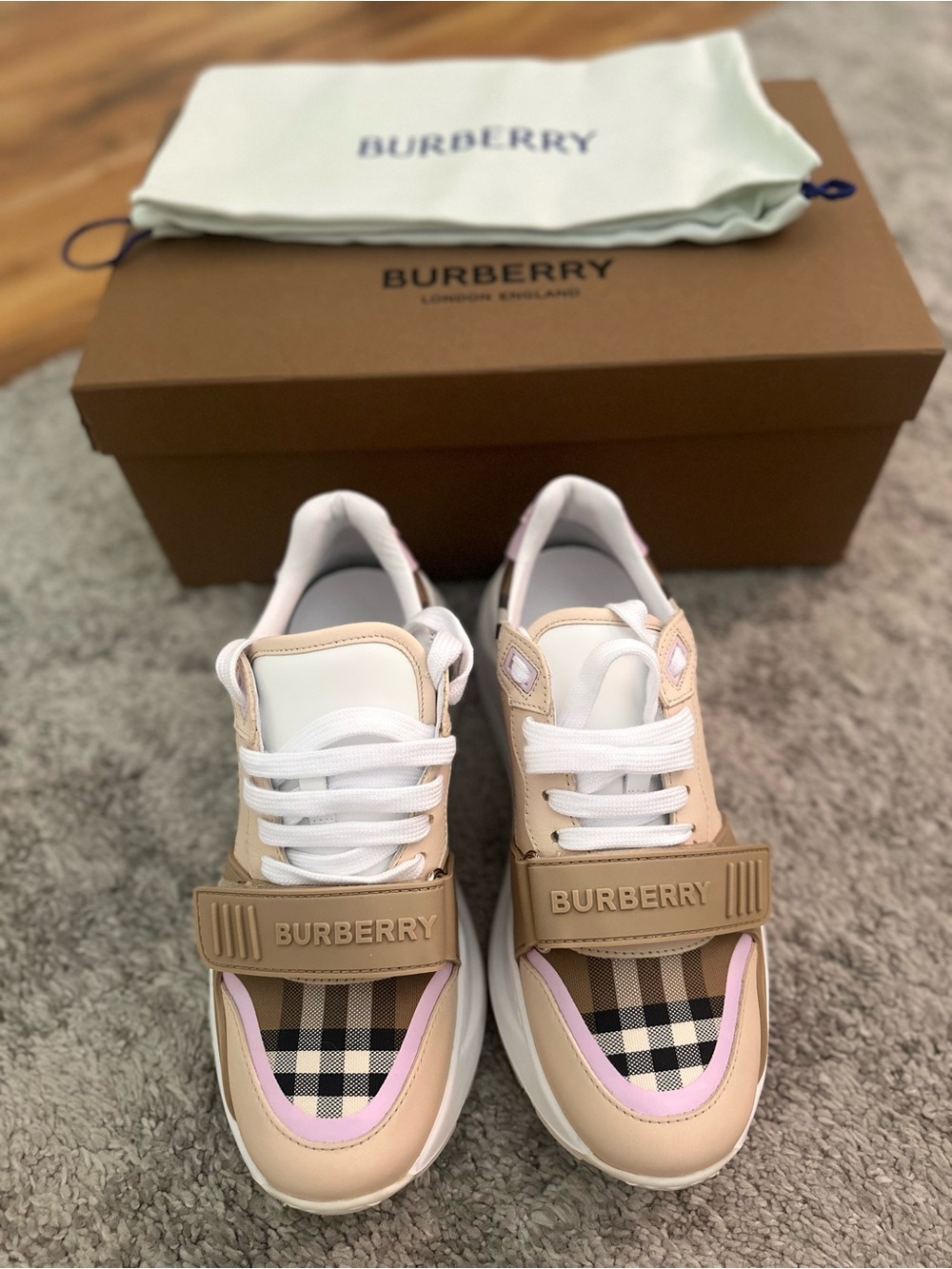 Burberry Beige, Pink & Classic Check Leather Platform Sneakers - Picture 2 of 5